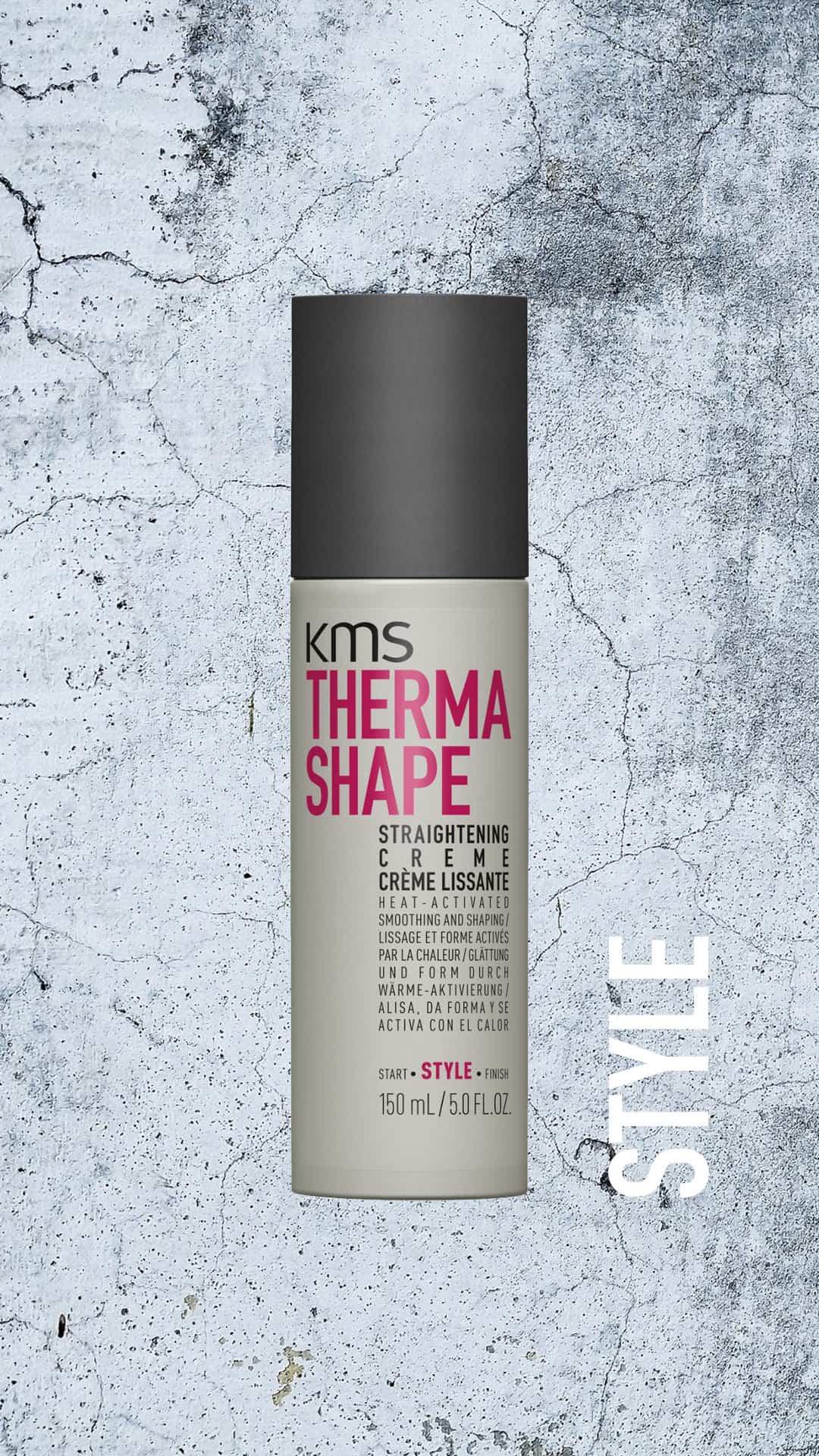 Image of 'KMS ThermaShape Straightening Creme' product in front of a grey marble background