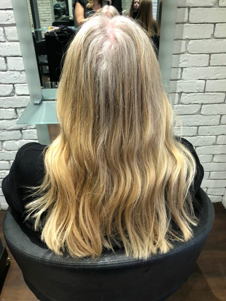 grey coverage before image grey roots with warm blonde roots