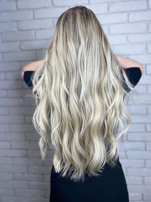 Ice white baby lights on long blonde hair