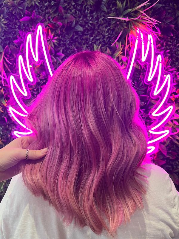 short pink hair informant of neon lights